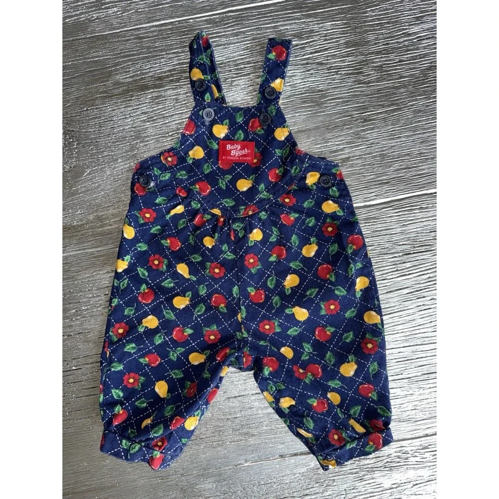 Vintage OshKosh Baby B’Gosh Vestbak Overalls 3-6M Fruit Apple Pear Floral USA 90